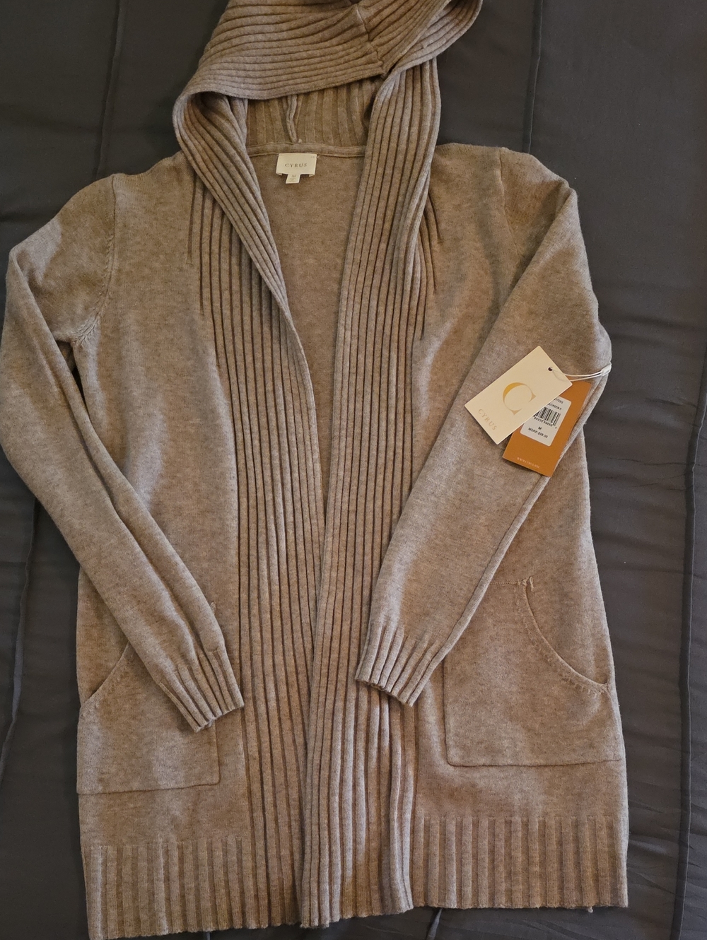 Cyrus Hooded Open-Front Ribbed Trim Cardigan in Taupe
